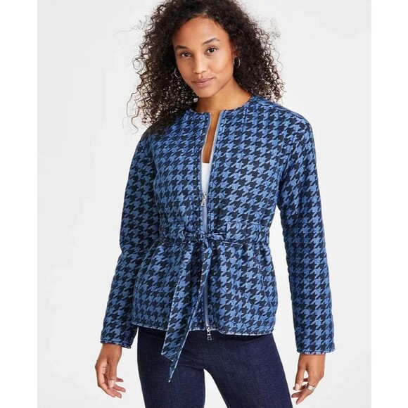 Anne Klein Women’s Quilted Herringbone Tie-Waist Jacket, Blue, M - Picture 1 of 4